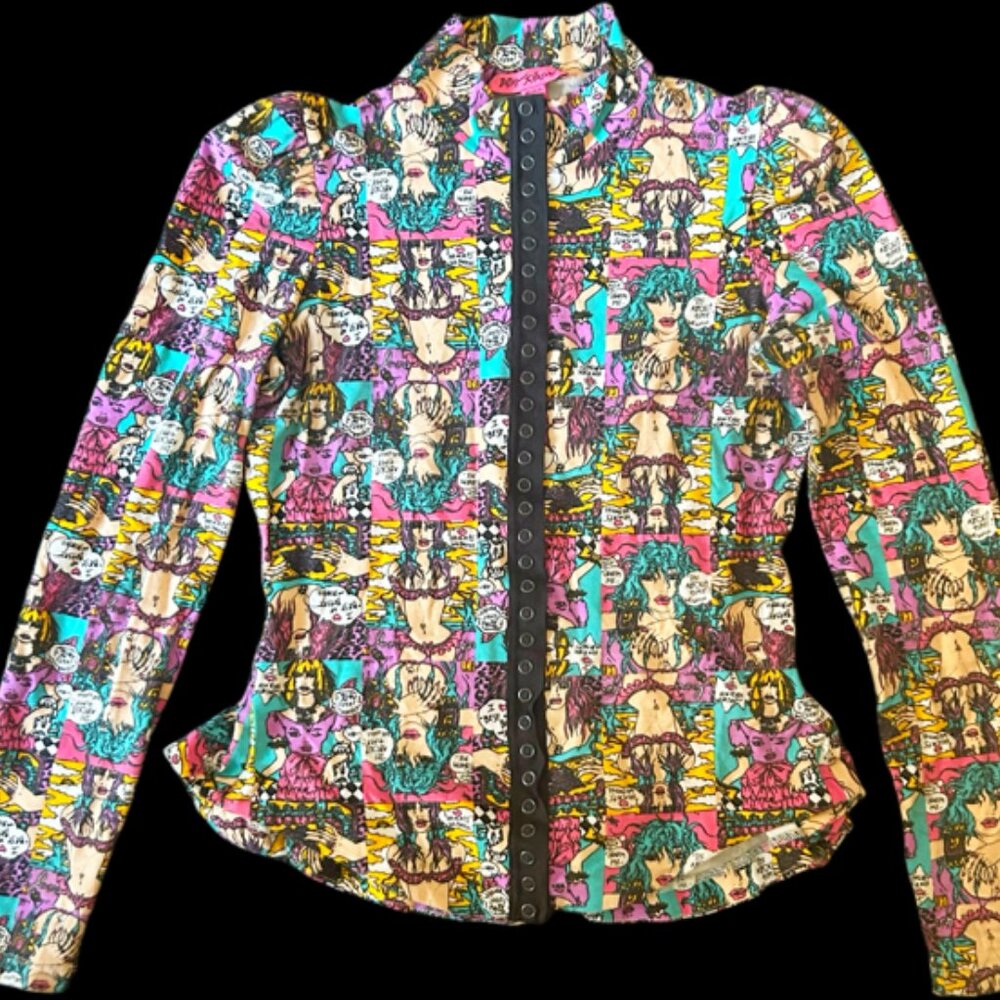 BETSEY JOHNSON Lulu Table Top Peplum Cartoon Print Comic Book Graphics Jacket M